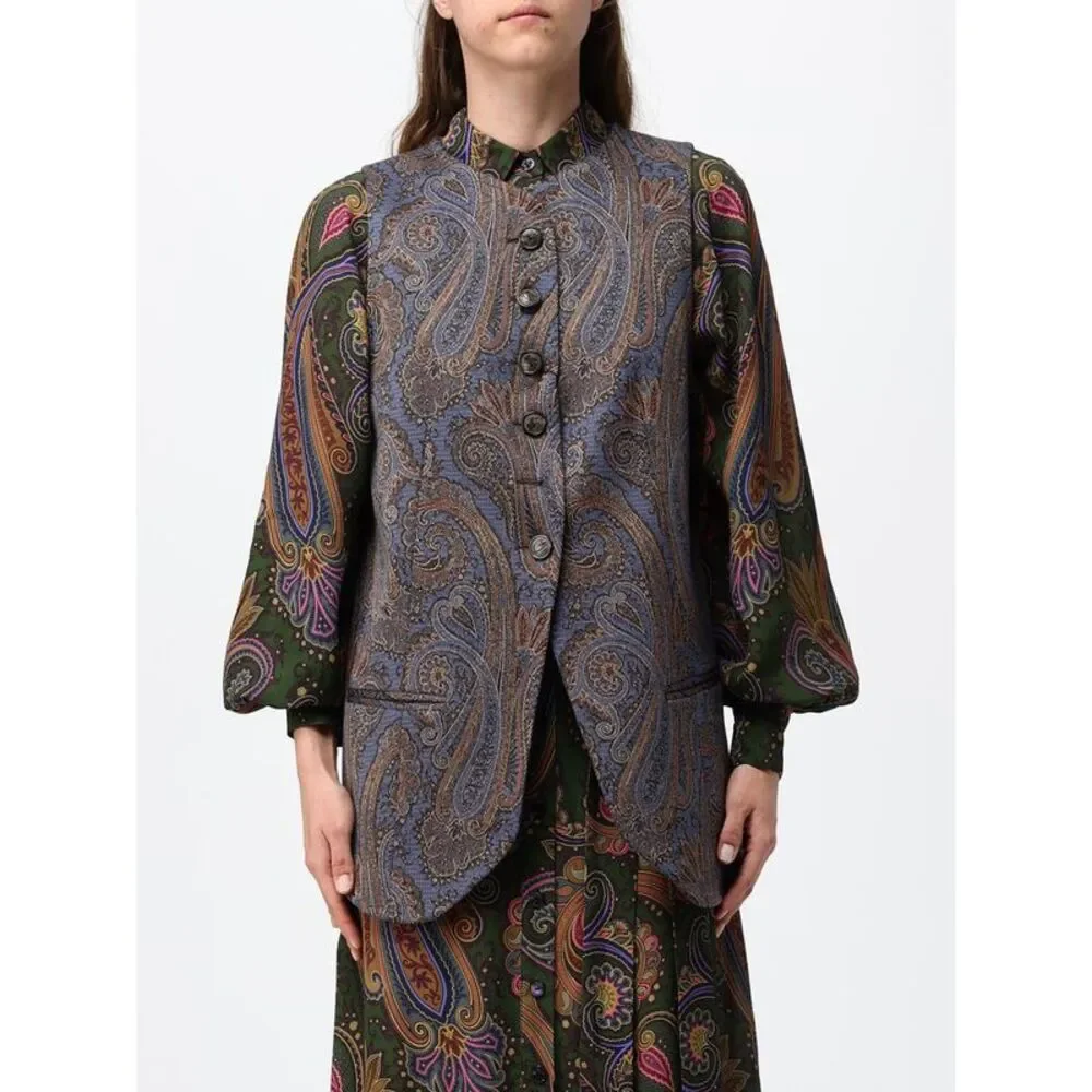 Etro Women Etro Paisley Print Tailored Cotton-Blend Waistcoat With Crew Neck